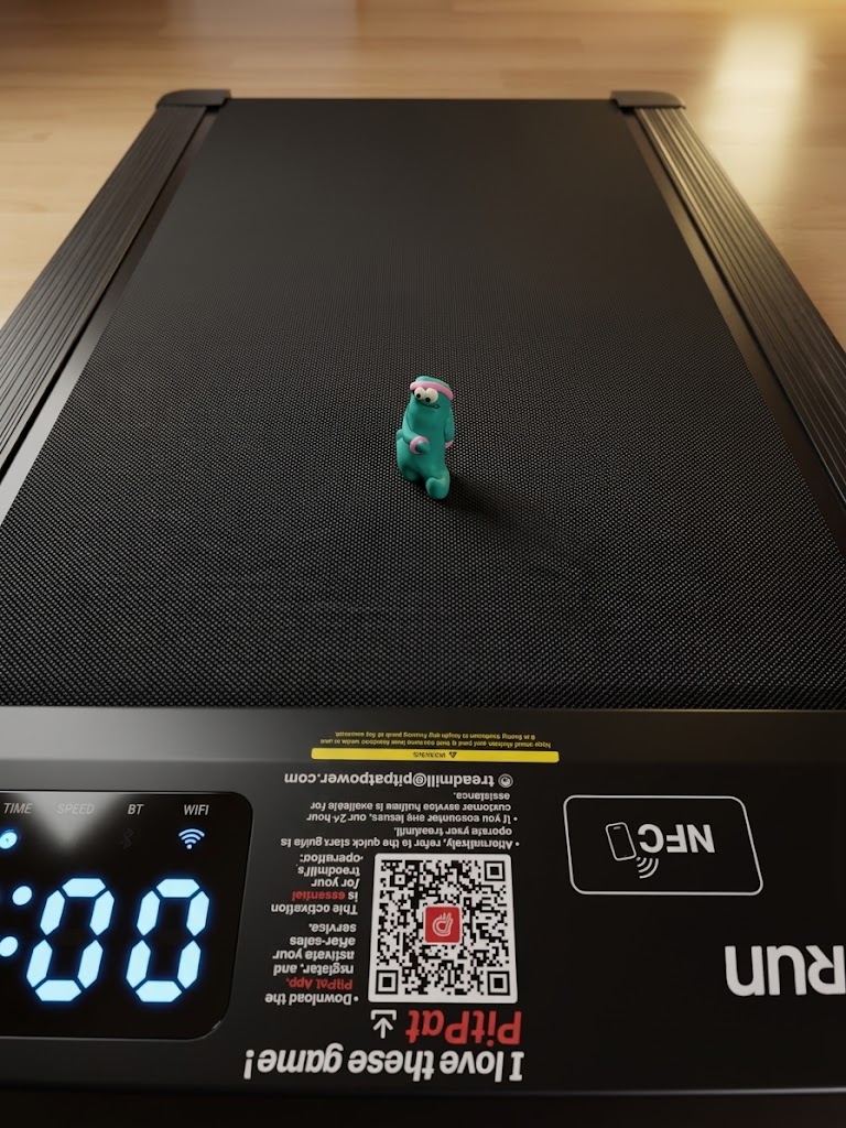 Türkiser Squig mit pinkem Stirnband auf dem Laufband