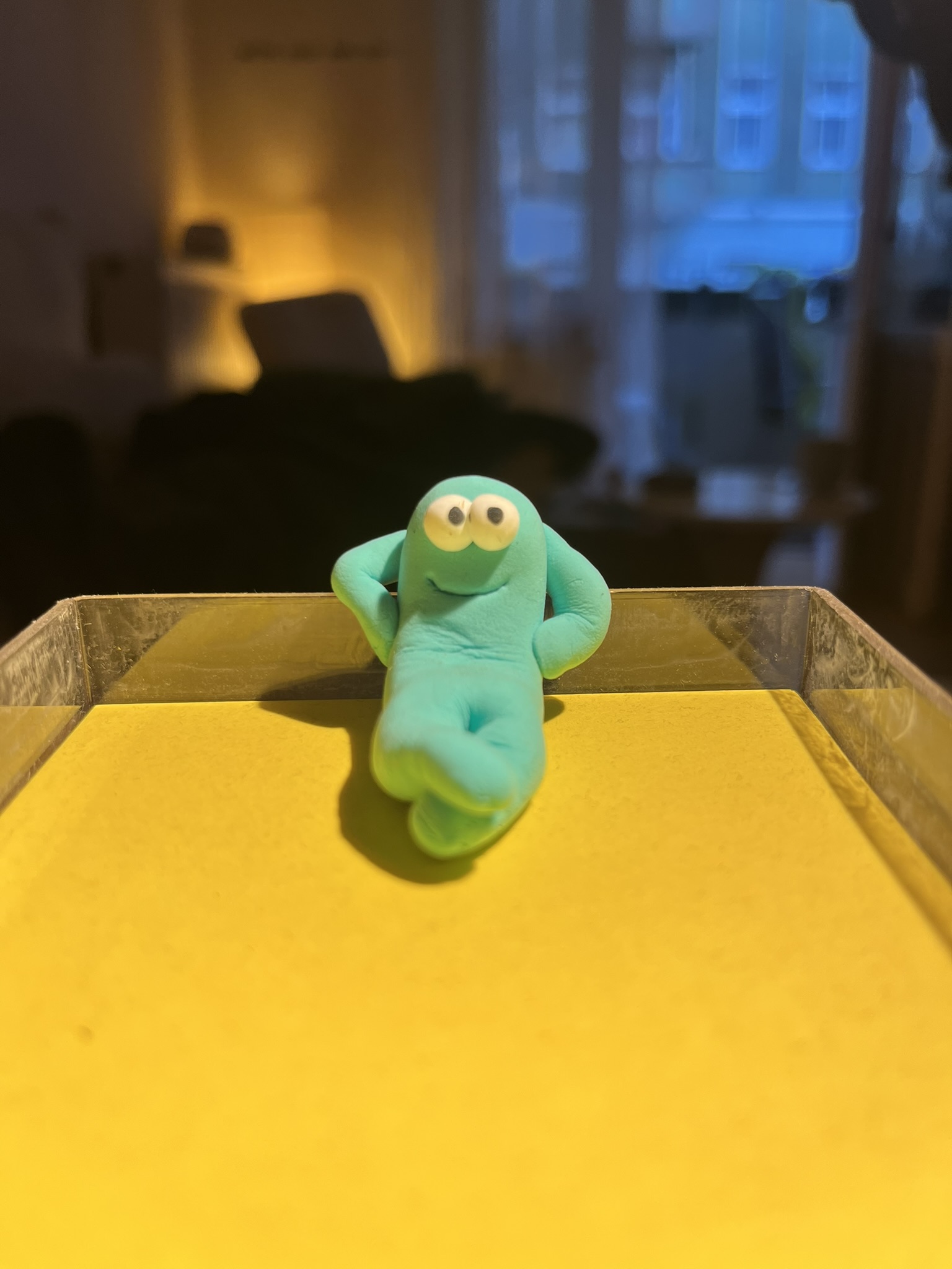 Türkiser Squig auf gelbem Tablett am Fenster